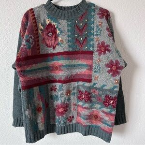 VTG Eddie Bauer 100% Wool Multicolor Floral Cottagecore Thick Chunky Sweater
